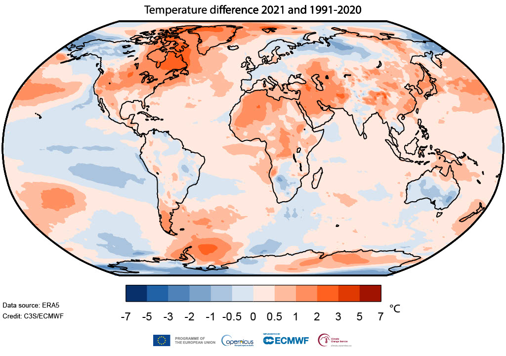 2021 gehörte zu den sieben wärmsten Jahren